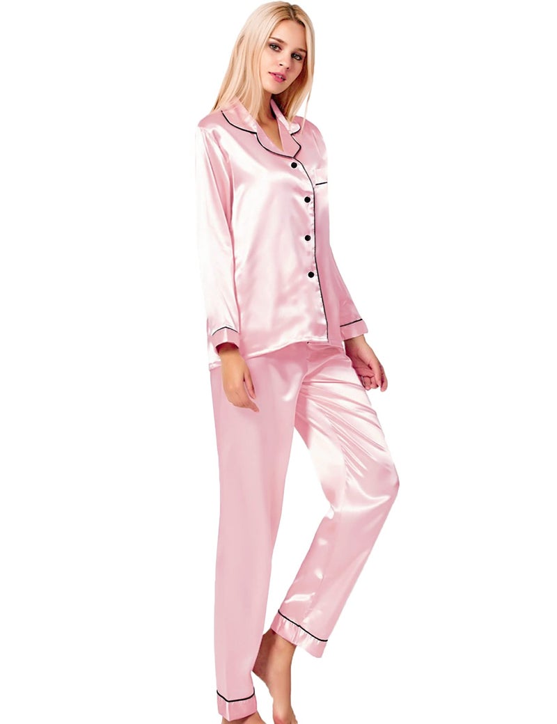 SWOMOG Womens Silk Satin Pajamas Long Sleeve Loungewear Two-piece Sleepwear Button-Down Pj Set Pink - Image 4